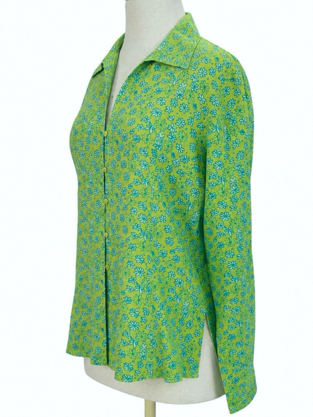 Provence d’amour 100% Silk Y2K Floral Blouse Lime Green Blue Daisy Print Medium - Picture 2 of 15